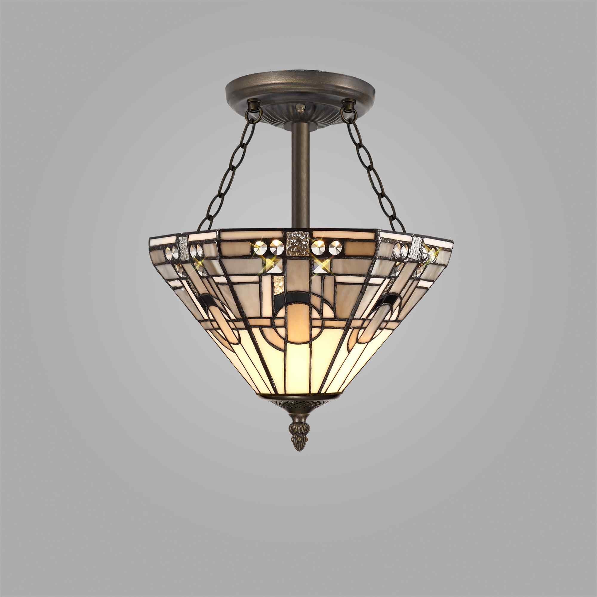 NLK00189 Azure 3 Light Semi Ceiling With Tiffany Shade 30cm Shade White/Grey/Black/Clear Crystal/Aged Antique Brass