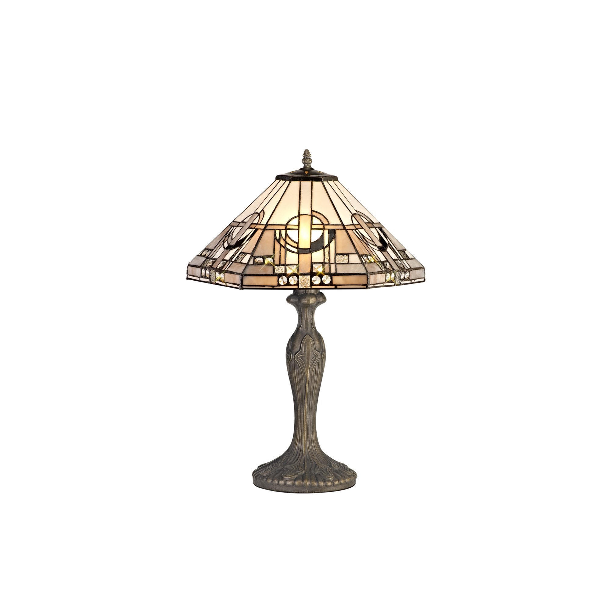 NLK00229 Azure 2 Light Curved Table Lamp With 40cm Tiffany Shade White/Grey/Black/Clear Crystal/Aged Antique Brass