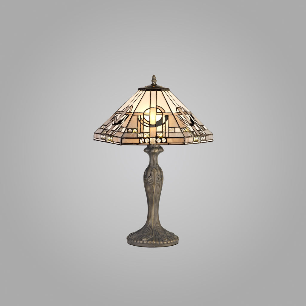 NLK00229 Azure 2 Light Curved Table Lamp With 40cm Tiffany Shade White/Grey/Black/Clear Crystal/Aged Antique Brass