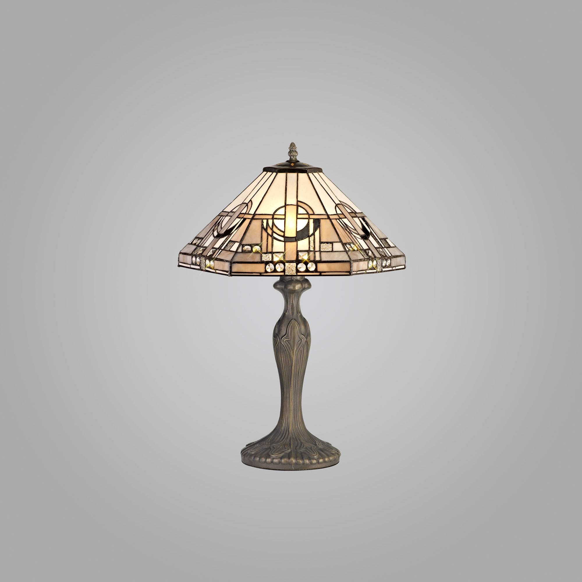 NLK00229 Azure 2 Light Curved Table Lamp With 40cm Tiffany Shade White/Grey/Black/Clear Crystal/Aged Antique Brass