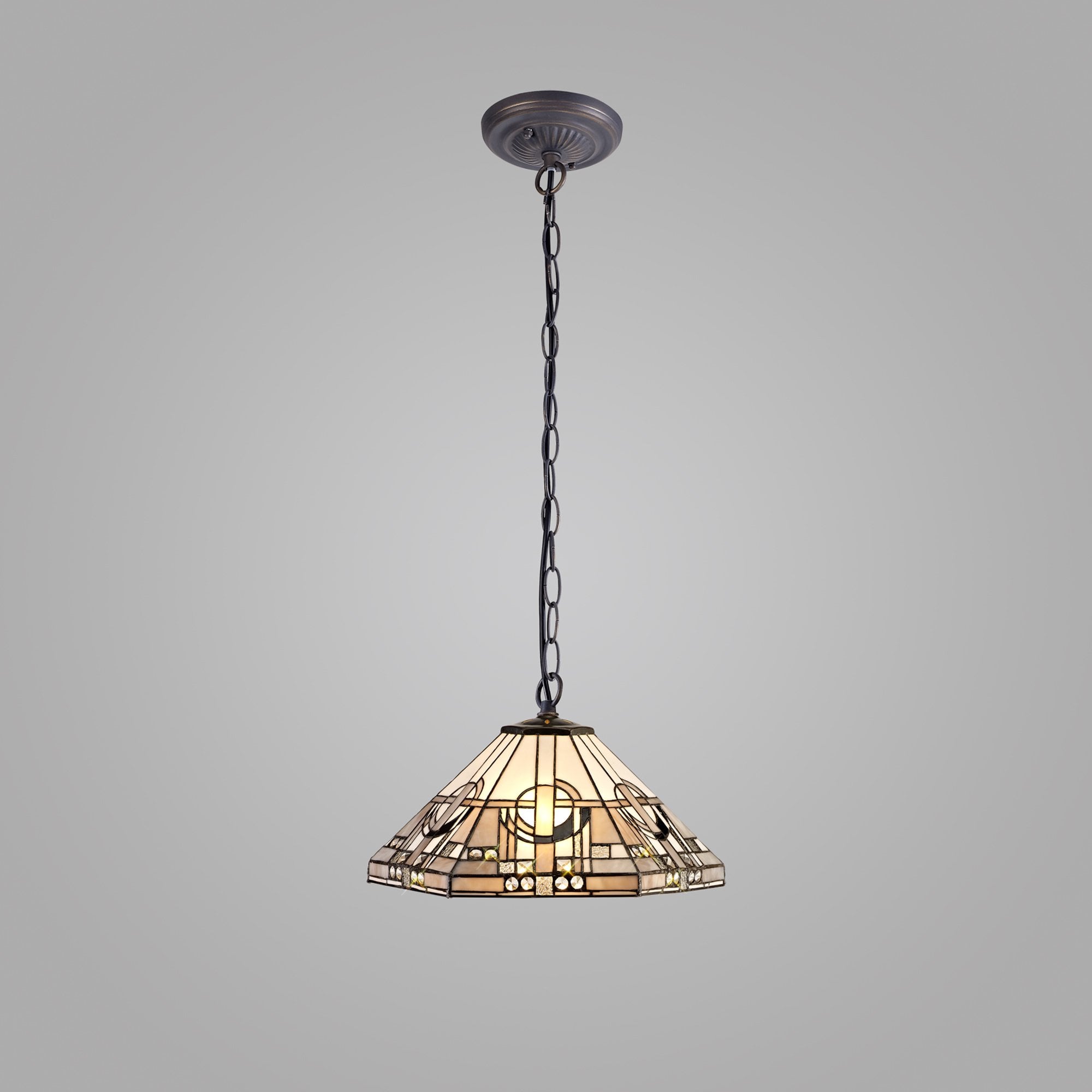 NLK00249 Azure 1 Light Down Lighter Pendant With 40cm Tiffany Shade White/Grey/Black/Clear Crystal/Aged Antique Brass