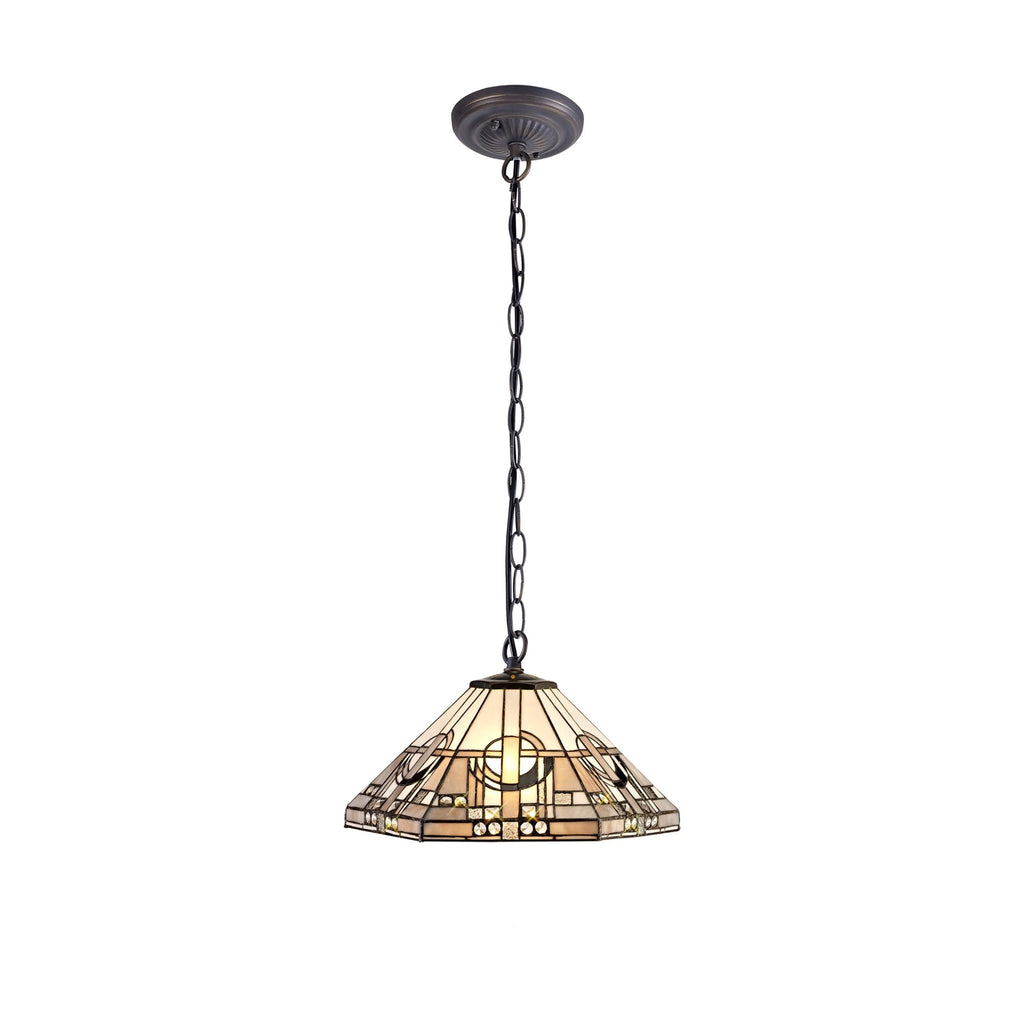 NLK00249 Azure 1 Light Down Lighter Pendant With 40cm Tiffany Shade White/Grey/Black/Clear Crystal/Aged Antique Brass