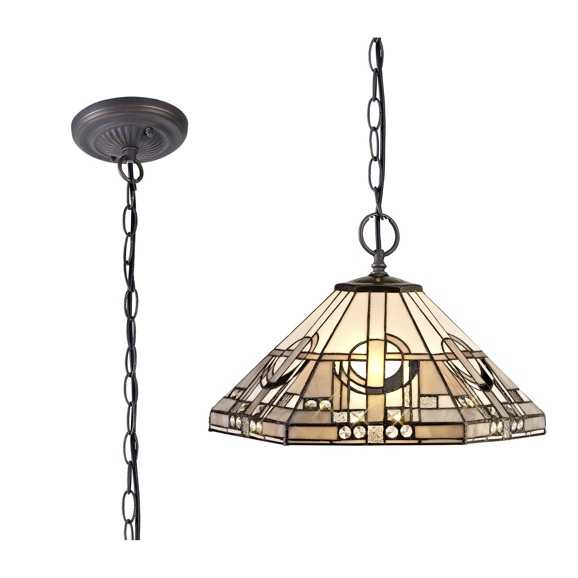 NLK00259 Azure 2 Light Down Lighter Pendant With 40cm Tiffany Shade White/Grey/Black/Clear Crystal/Aged Antique Brass