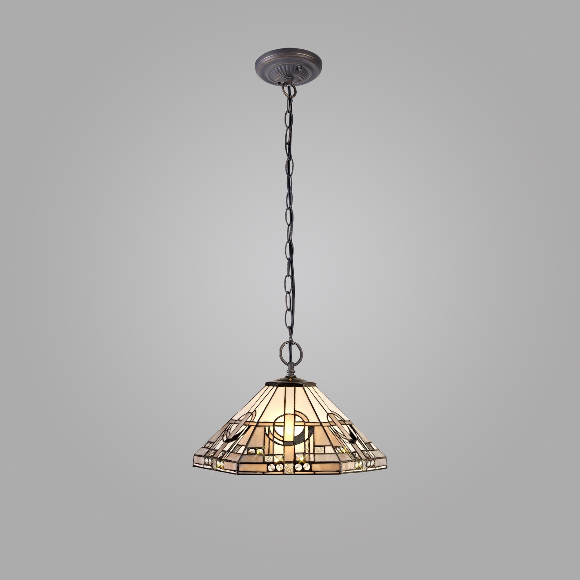 NLK00259 Azure 2 Light Down Lighter Pendant With 40cm Tiffany Shade White/Grey/Black/Clear Crystal/Aged Antique Brass