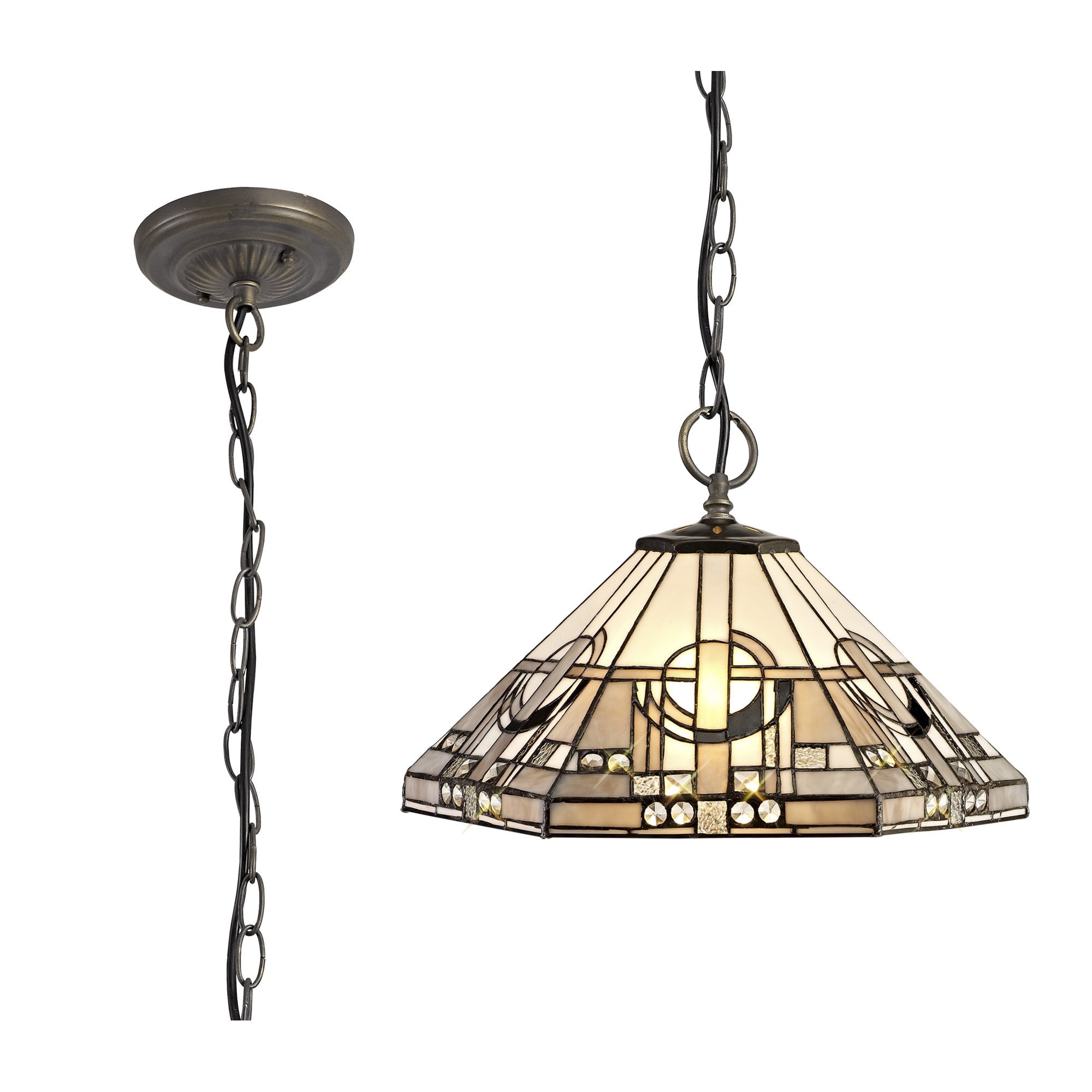 NLK00269 Azure 3 Light Down Lighter Pendant With 40cm Tiffany Shade White/Grey/Black/Clear Crystal/Aged Antique Brass
