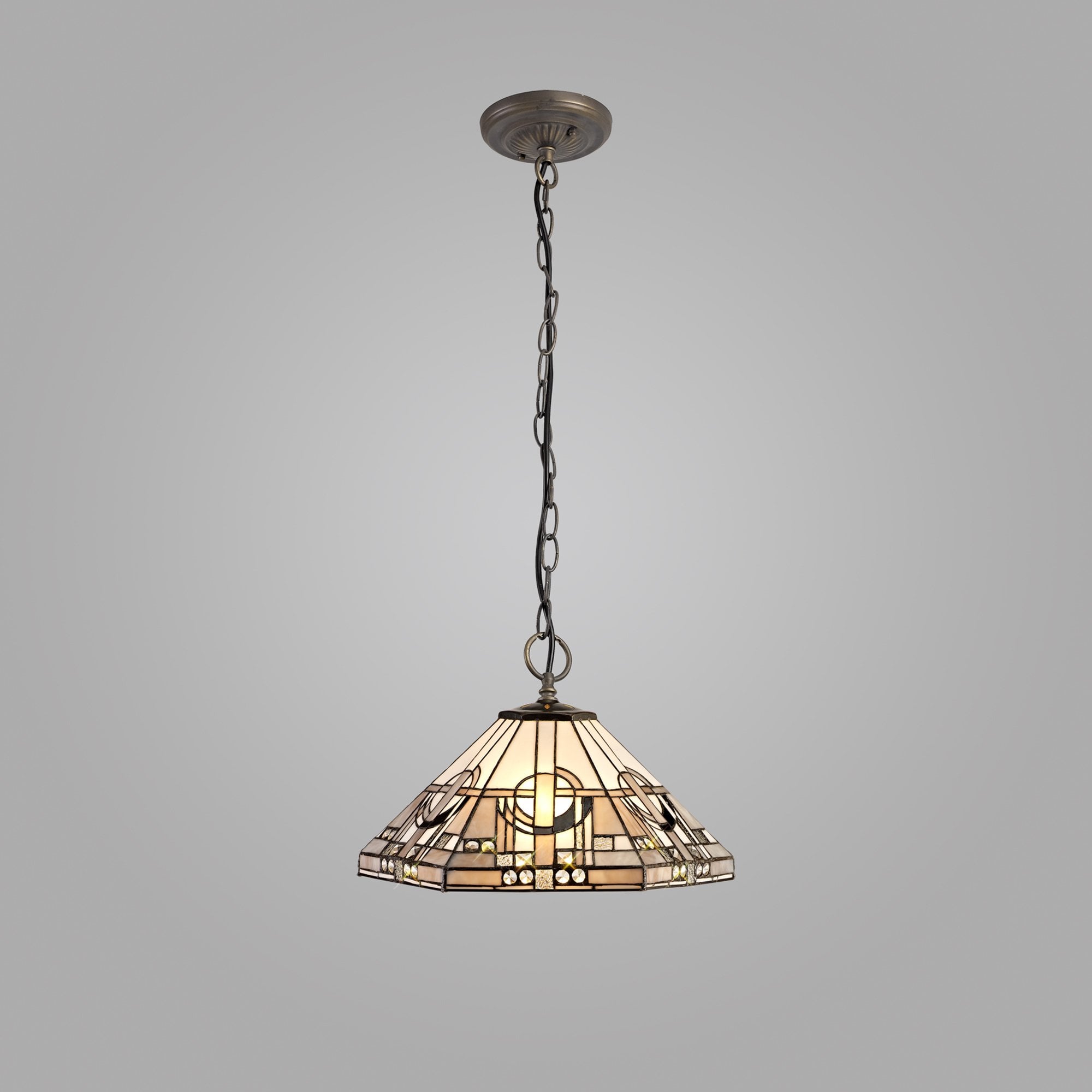 NLK00269 Azure 3 Light Down Lighter Pendant With 40cm Tiffany Shade White/Grey/Black/Clear Crystal/Aged Antique Brass