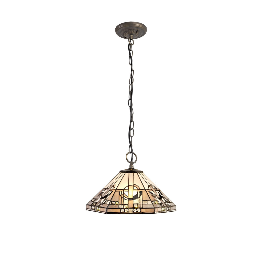 NLK00269 Azure 3 Light Down Lighter Pendant With 40cm Tiffany Shade White/Grey/Black/Clear Crystal/Aged Antique Brass