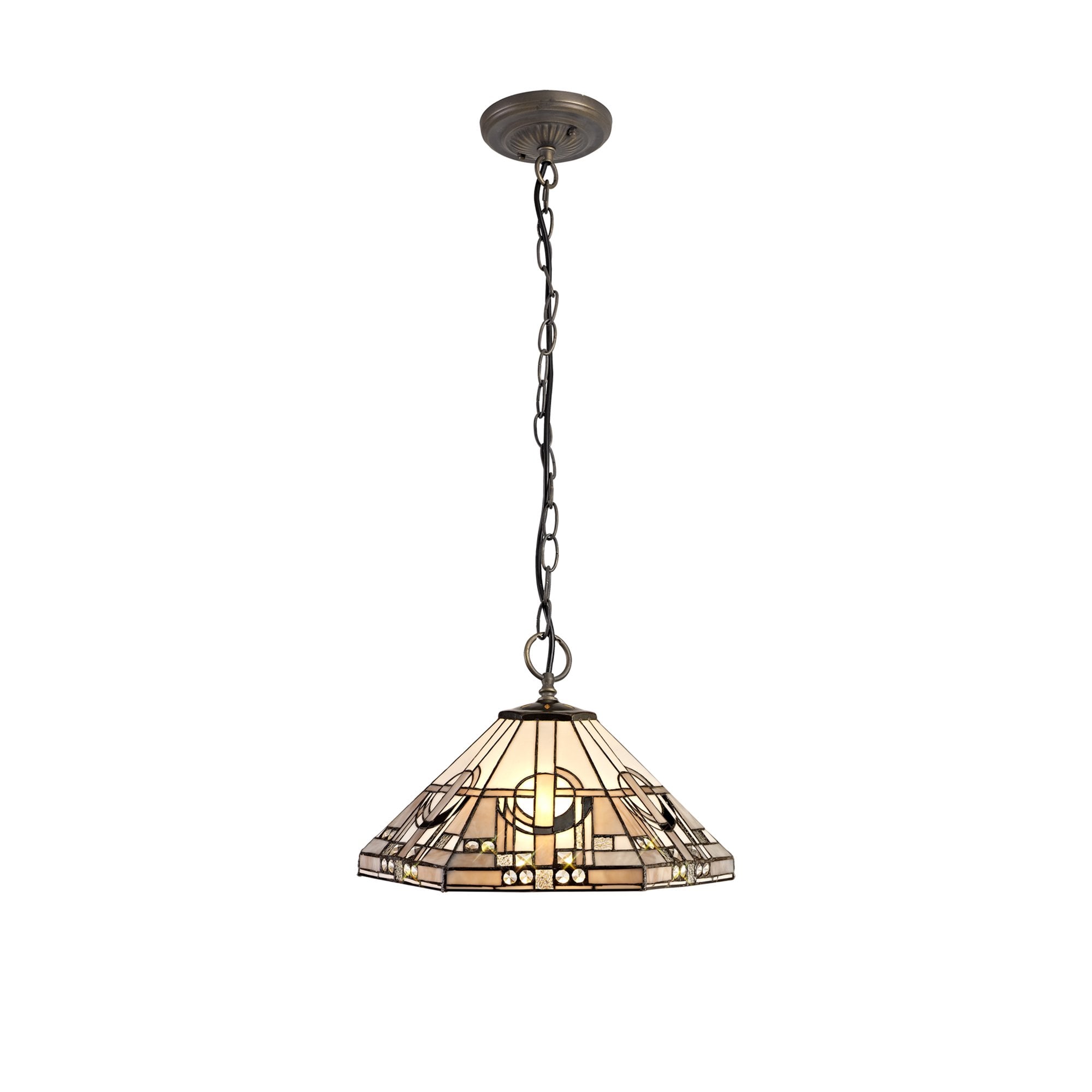NLK00269 Azure 3 Light Down Lighter Pendant With 40cm Tiffany Shade White/Grey/Black/Clear Crystal/Aged Antique Brass