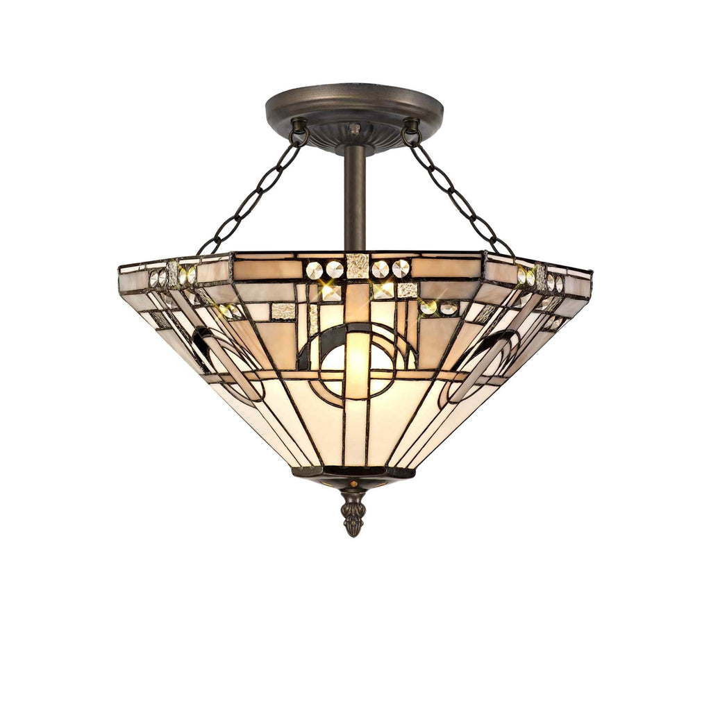 NLK00279 Azure 3 Light Semi Ceiling With Tiffany Shade 40cm Shade White/Grey/Black/Clear Crystal/Aged Antique Brass