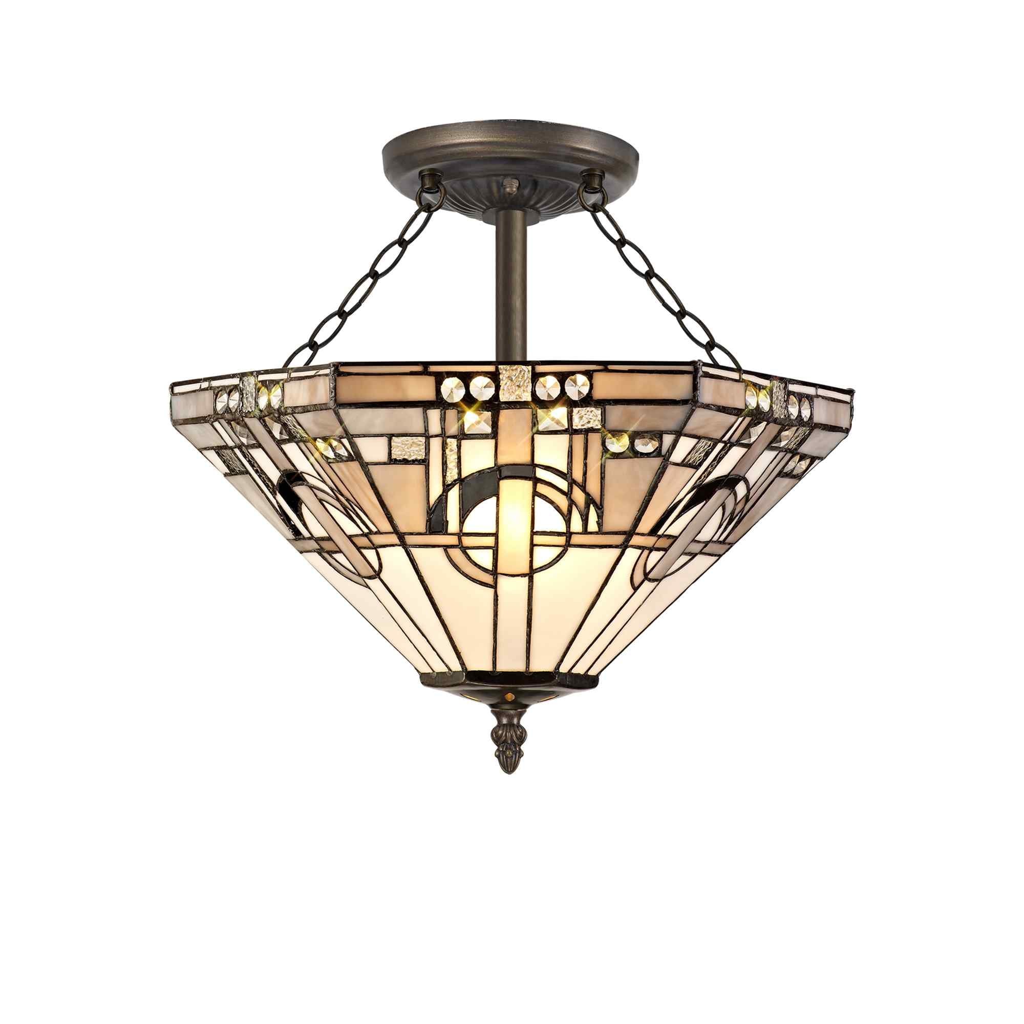 NLK00279 Azure 3 Light Semi Ceiling With Tiffany Shade 40cm Shade White/Grey/Black/Clear Crystal/Aged Antique Brass