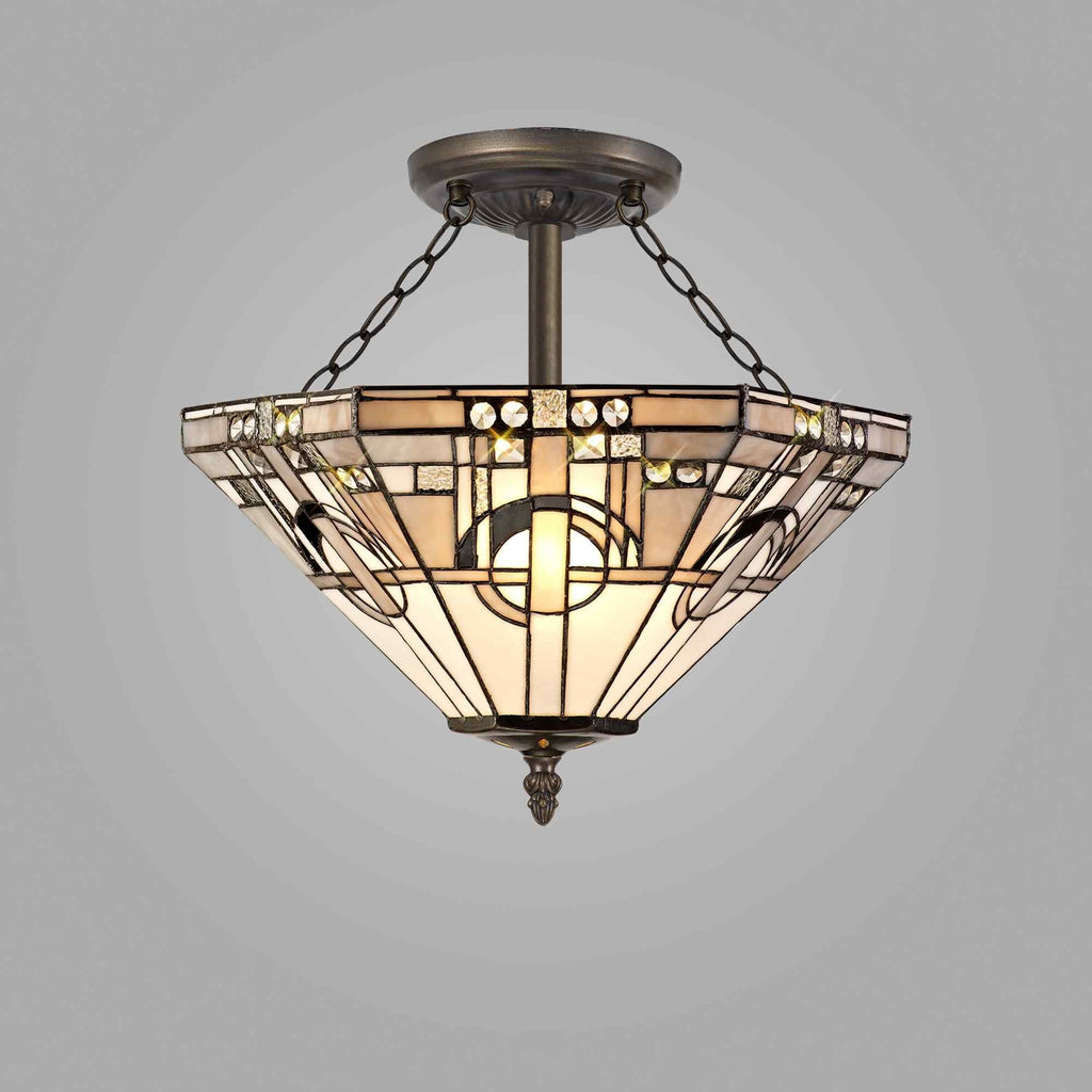 NLK00279 Azure 3 Light Semi Ceiling With Tiffany Shade 40cm Shade White/Grey/Black/Clear Crystal/Aged Antique Brass