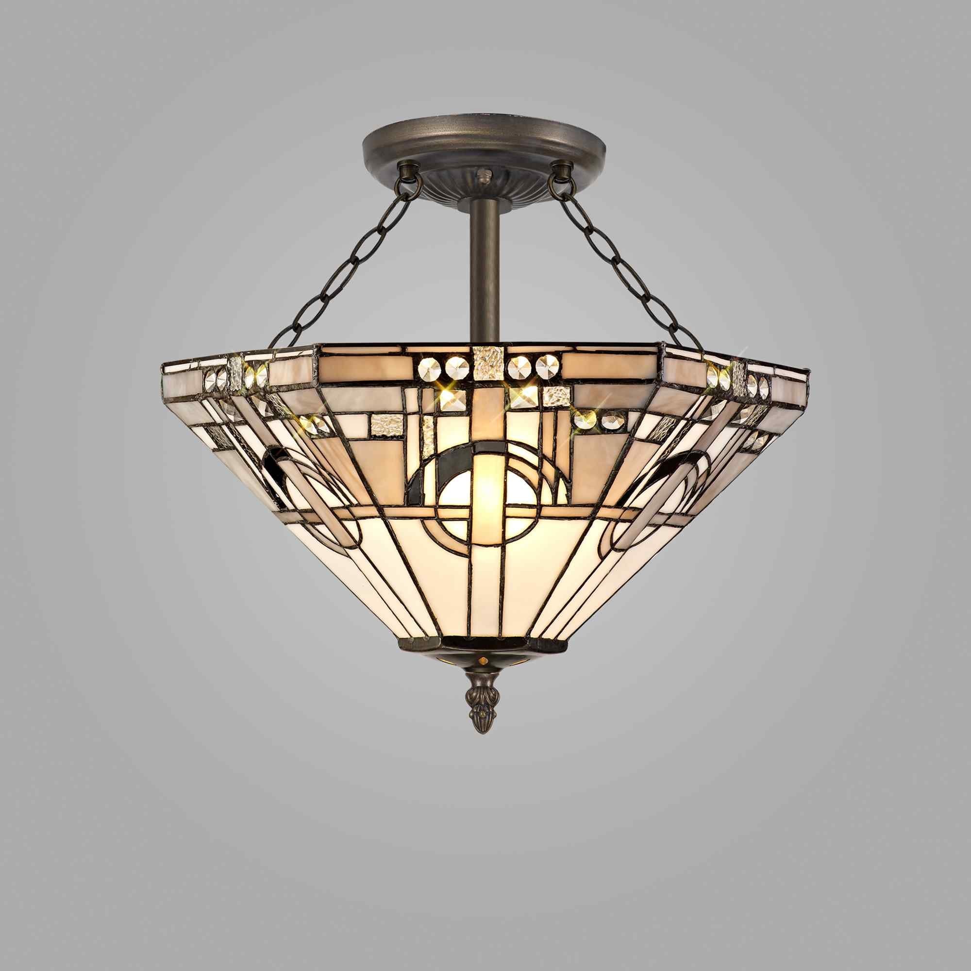 NLK00279 Azure 3 Light Semi Ceiling With Tiffany Shade 40cm Shade White/Grey/Black/Clear Crystal/Aged Antique Brass