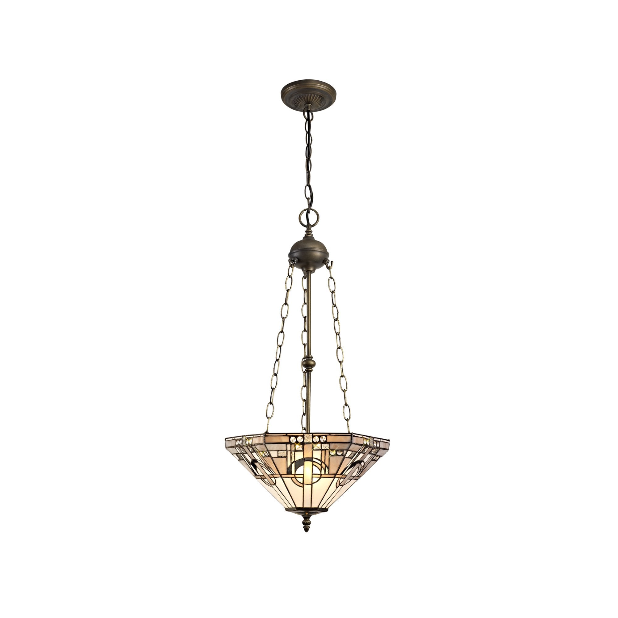 NLK00289 Azure 3 Light Up Lighter Pendant With 40cm Tiffany Shade White/Grey/Black/Clear Crystal/Aged Antique Brass
