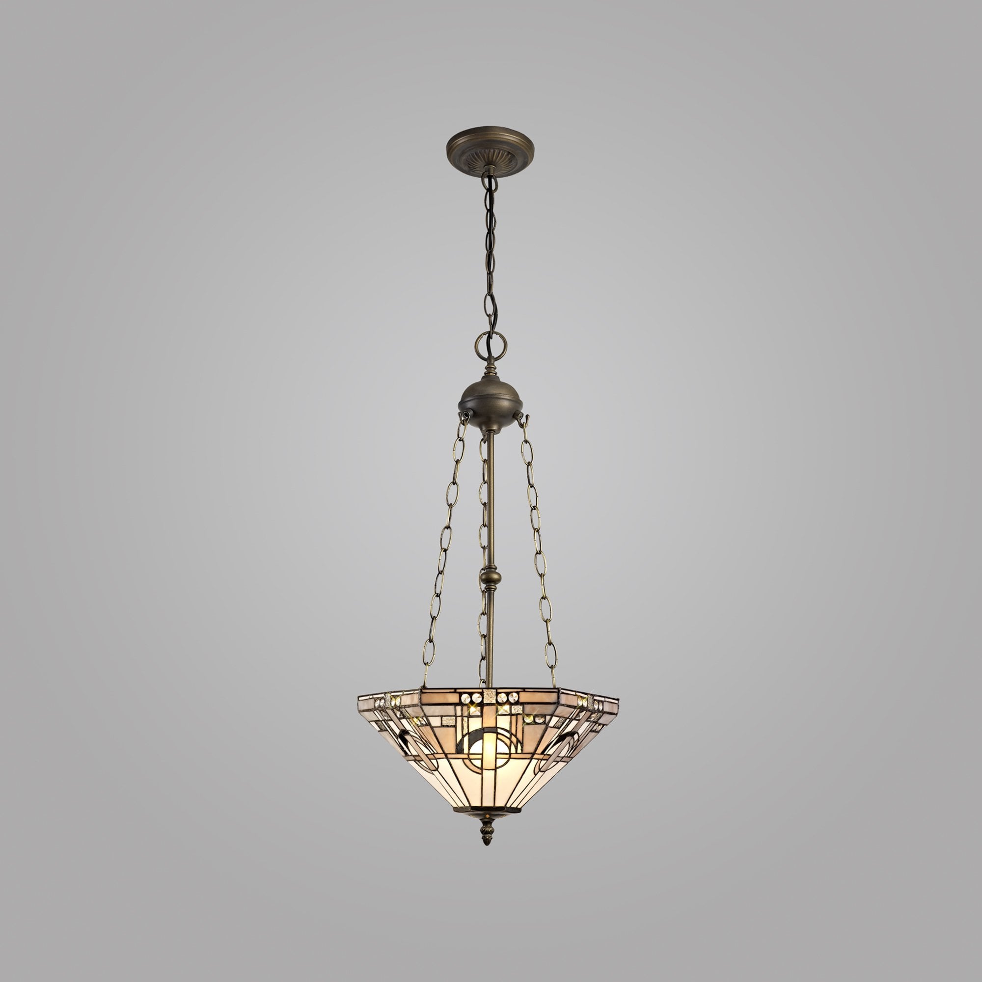 NLK00289 Azure 3 Light Up Lighter Pendant With 40cm Tiffany Shade White/Grey/Black/Clear Crystal/Aged Antique Brass
