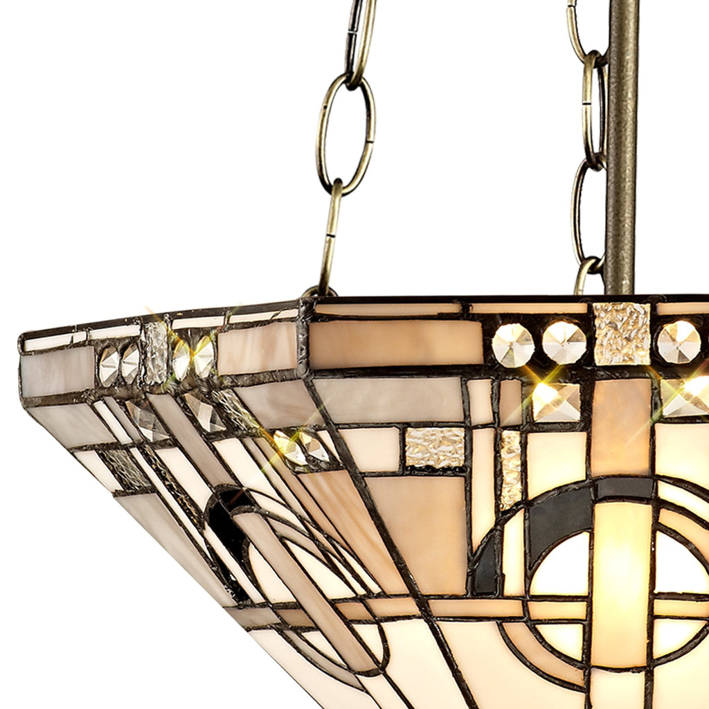 NLK00289 Azure 3 Light Up Lighter Pendant With 40cm Tiffany Shade White/Grey/Black/Clear Crystal/Aged Antique Brass