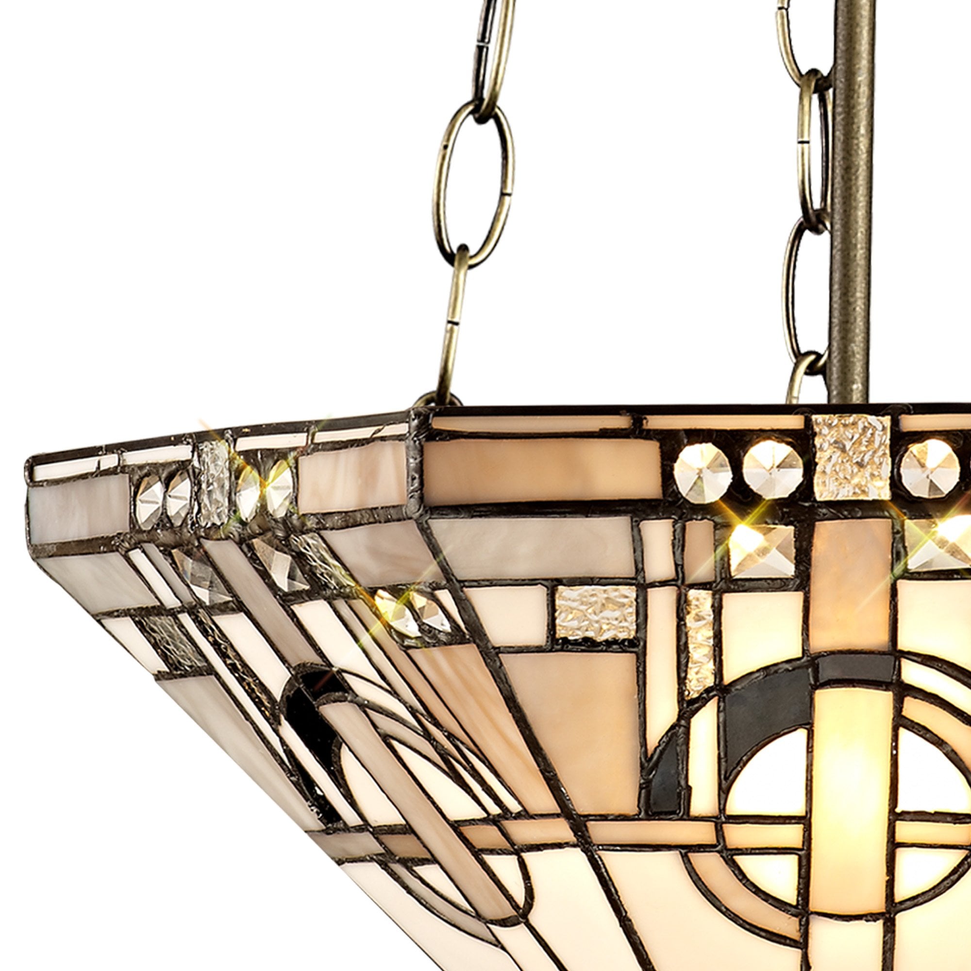 NLK00289 Azure 3 Light Up Lighter Pendant With 40cm Tiffany Shade White/Grey/Black/Clear Crystal/Aged Antique Brass
