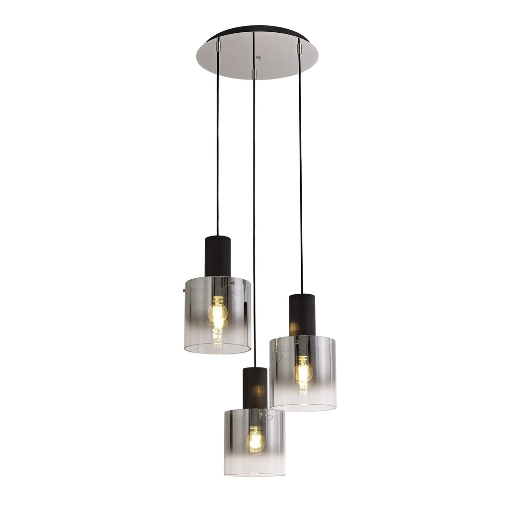 NL75919 Tokyo Round Pendant 3 Light Adjustable Black/Smoke Fade Glass