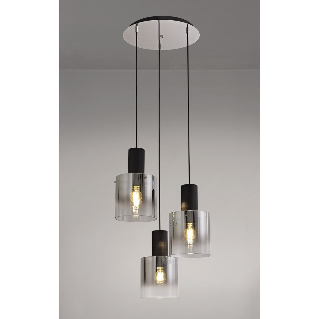 NL75919 Tokyo Round Pendant 3 Light Adjustable Black/Smoke Fade Glass