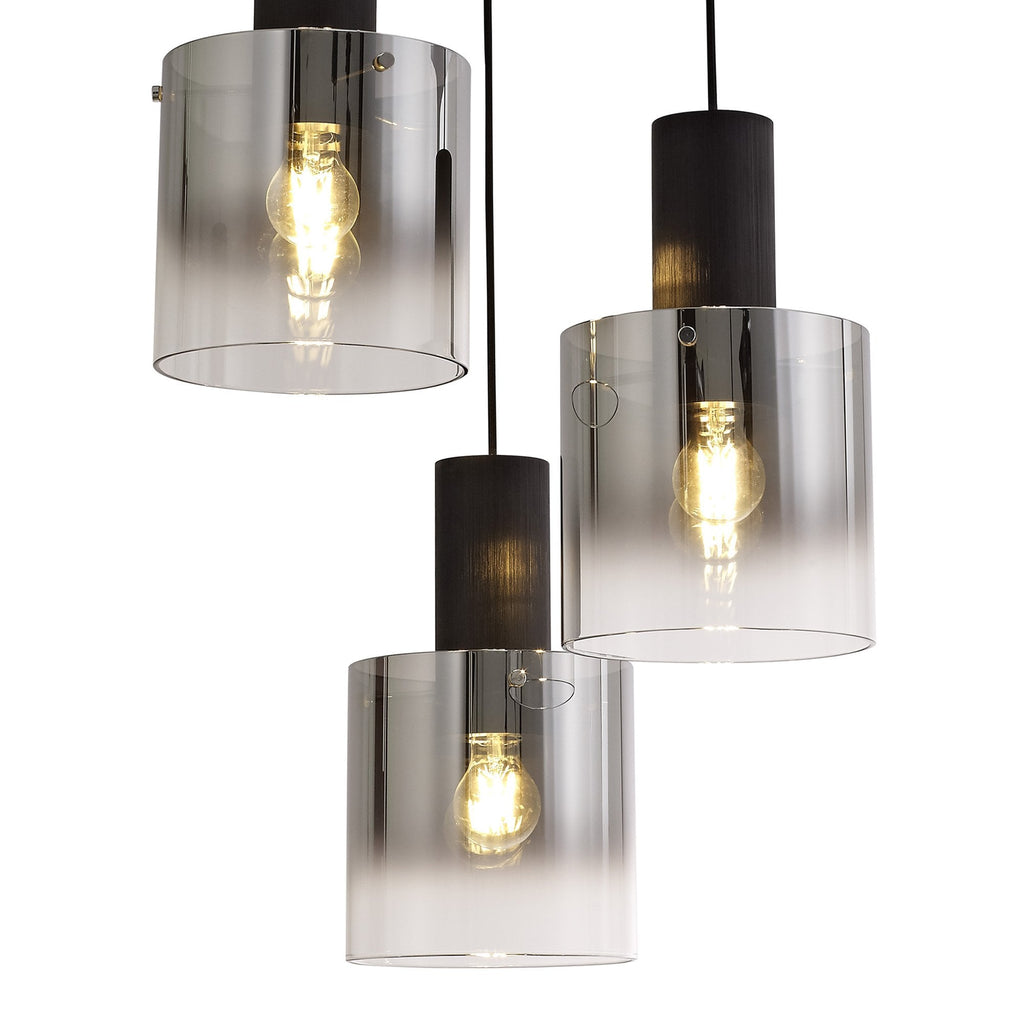 NL75919 Tokyo Round Pendant 3 Light Adjustable Black/Smoke Fade Glass