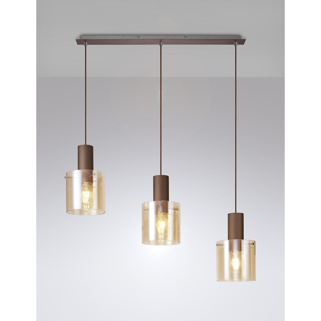 NL82629 Tokyo 3 Light Linear Pendant Adjustable Mocha/Amber Glass