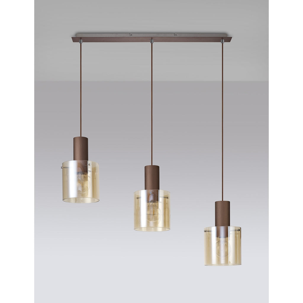 NL82629 Tokyo 3 Light Linear Pendant Adjustable Mocha/Amber Glass