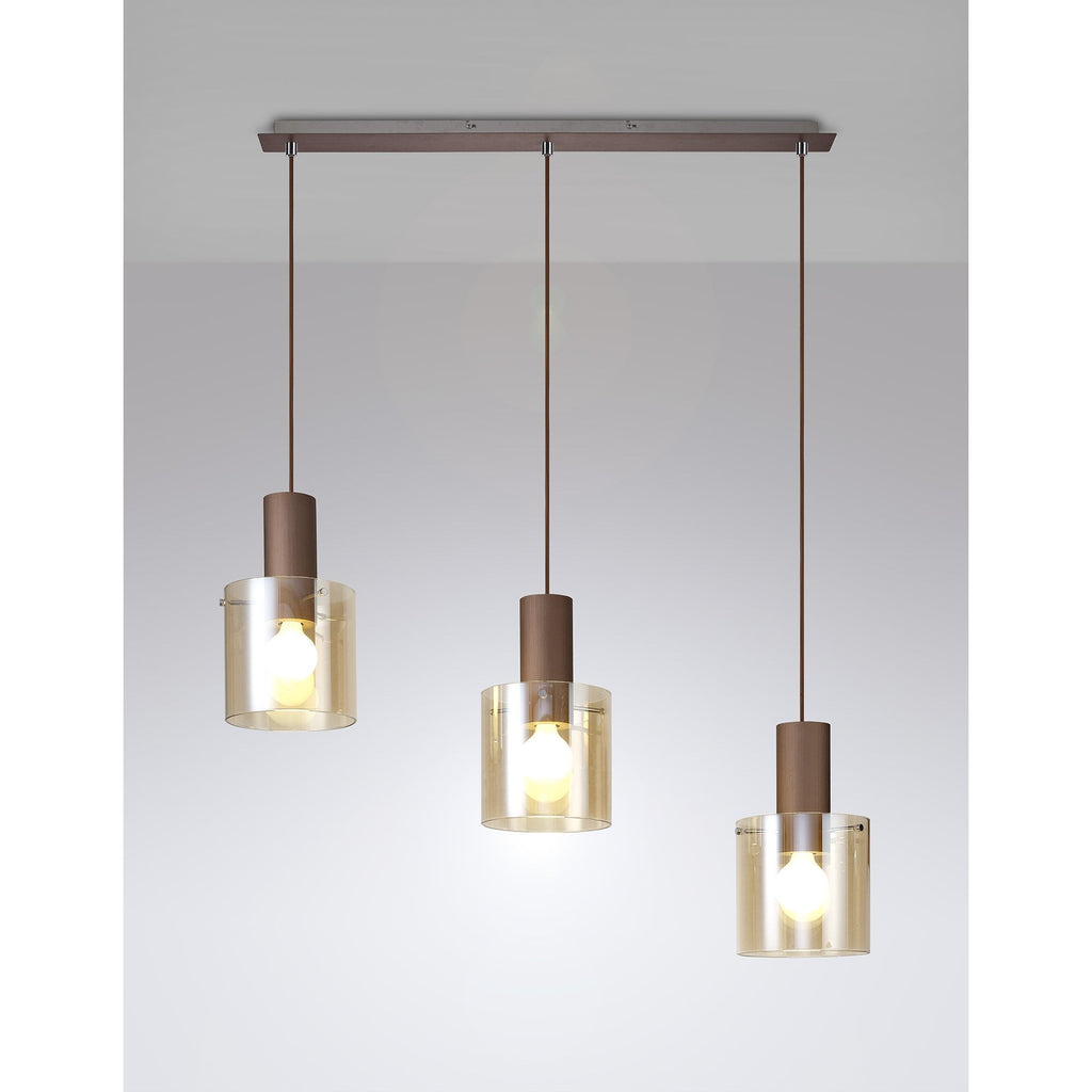 NL82629 Tokyo 3 Light Linear Pendant Adjustable Mocha/Amber Glass