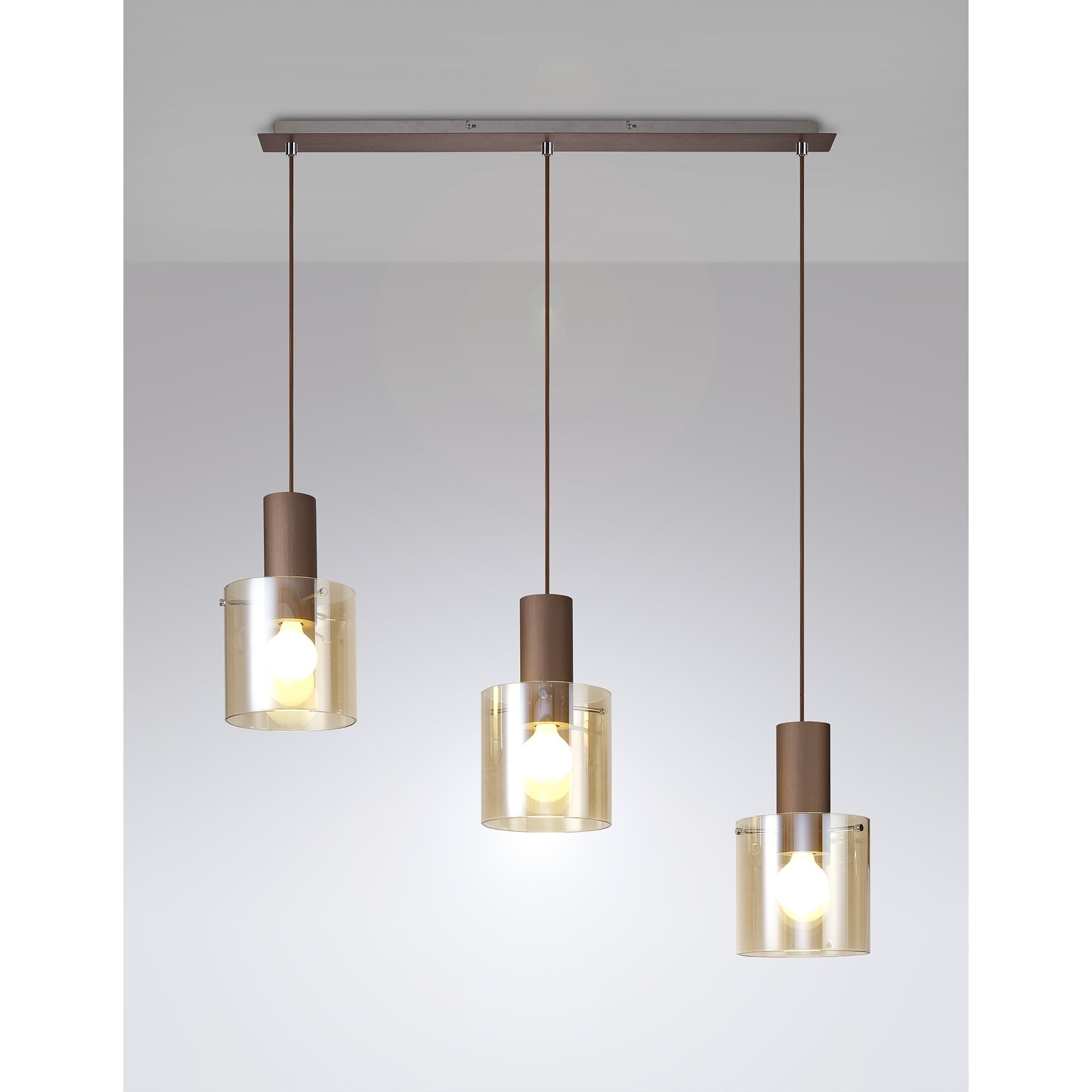 NL82629 Tokyo 3 Light Linear Pendant Adjustable Mocha/Amber Glass