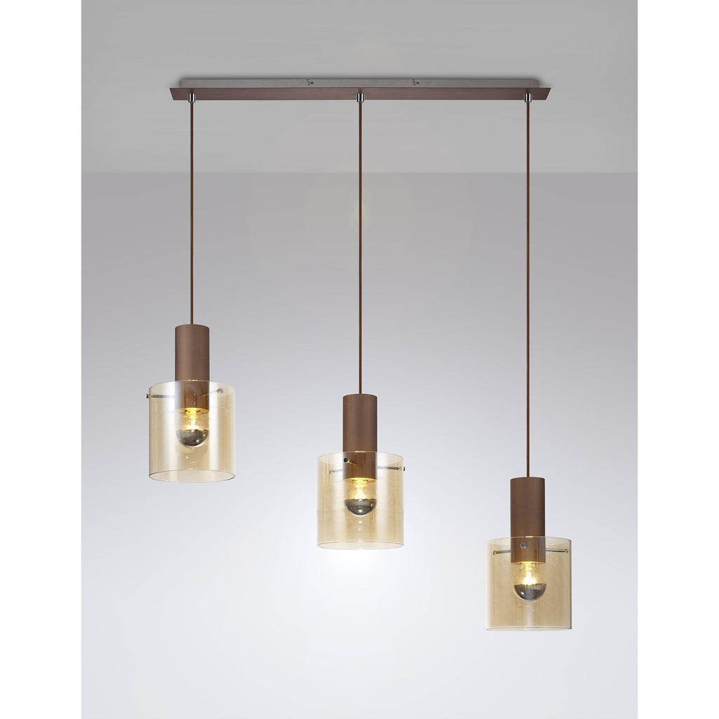 NL82629 Tokyo 3 Light Linear Pendant Adjustable Mocha/Amber Glass