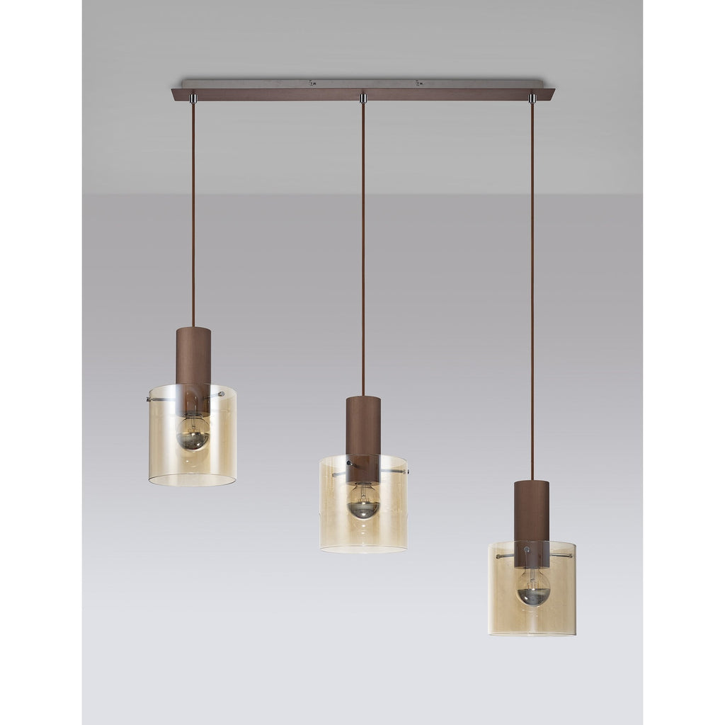 NL82629 Tokyo 3 Light Linear Pendant Adjustable Mocha/Amber Glass