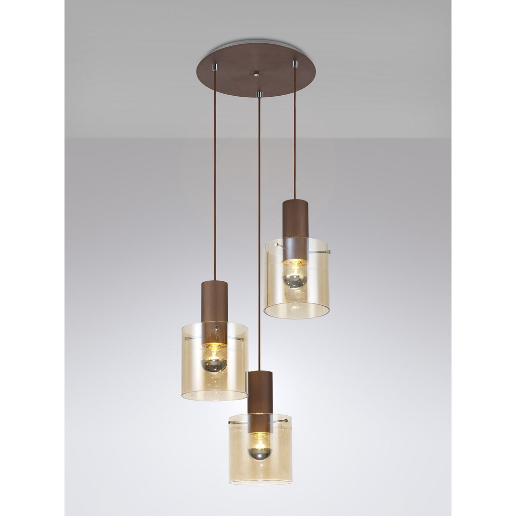 NL82639 Tokyo Round Pendant 3 Light Adjustable Mocha/Amber Glass