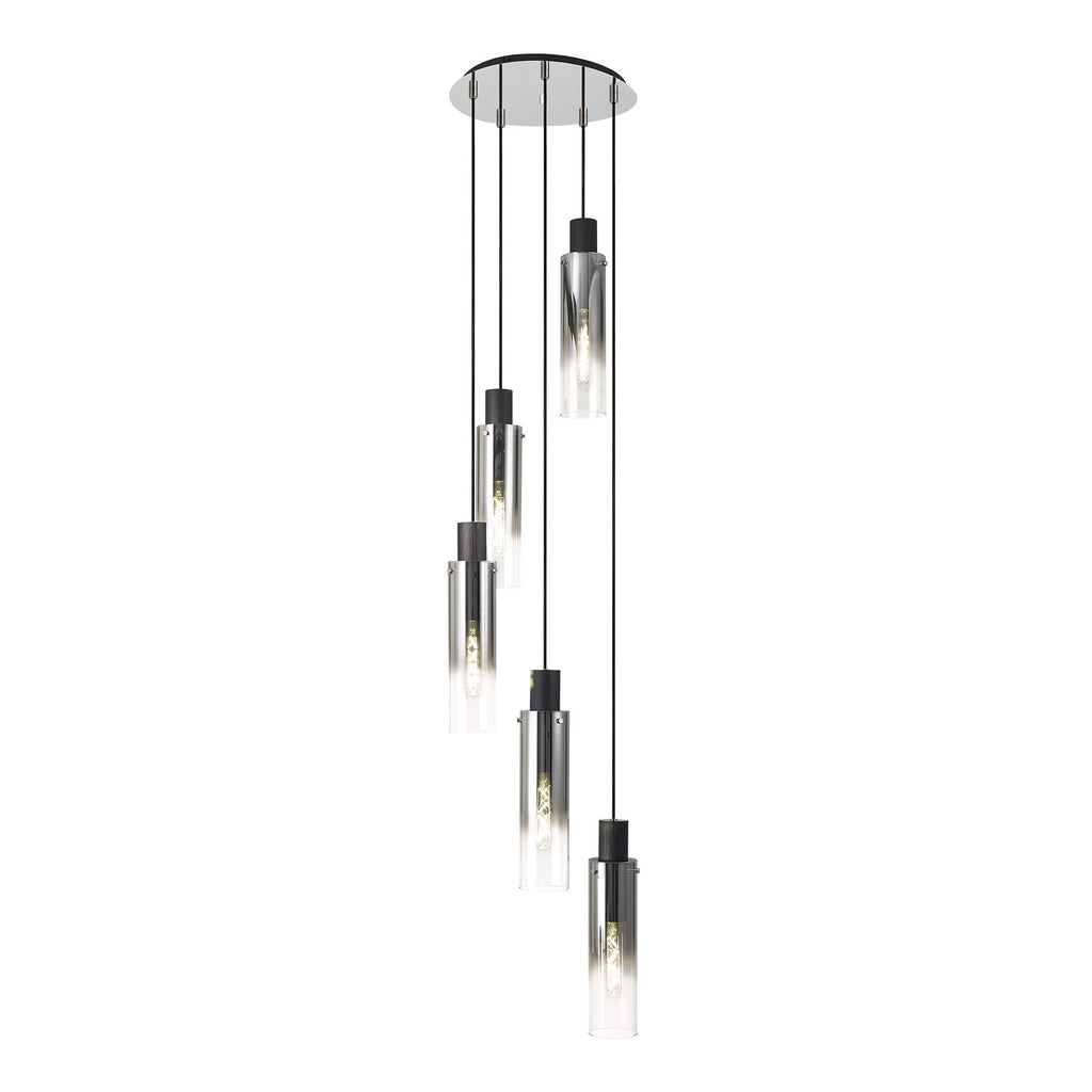 NL84909 Blade Slim Round Pendant 5 Light Adjustable Black/Smoke Fade Glass