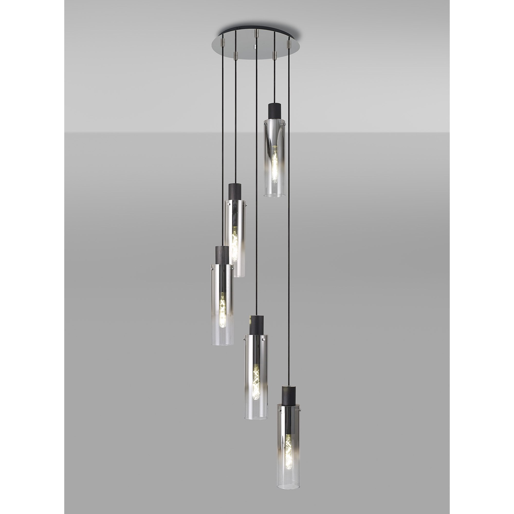 NL84909 Blade Slim Round Pendant 5 Light Adjustable Black/Smoke Fade Glass