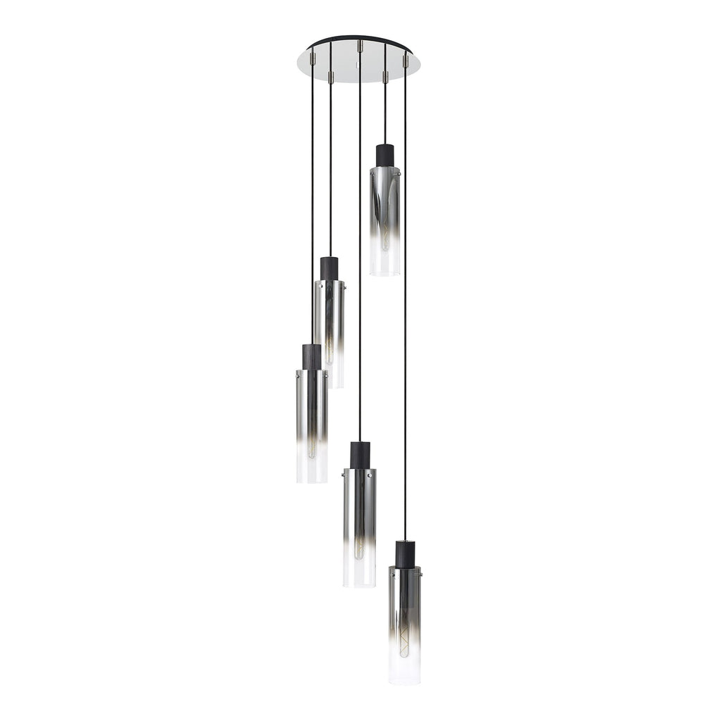 NL84909 Blade Slim Round Pendant 5 Light Adjustable Black/Smoke Fade Glass