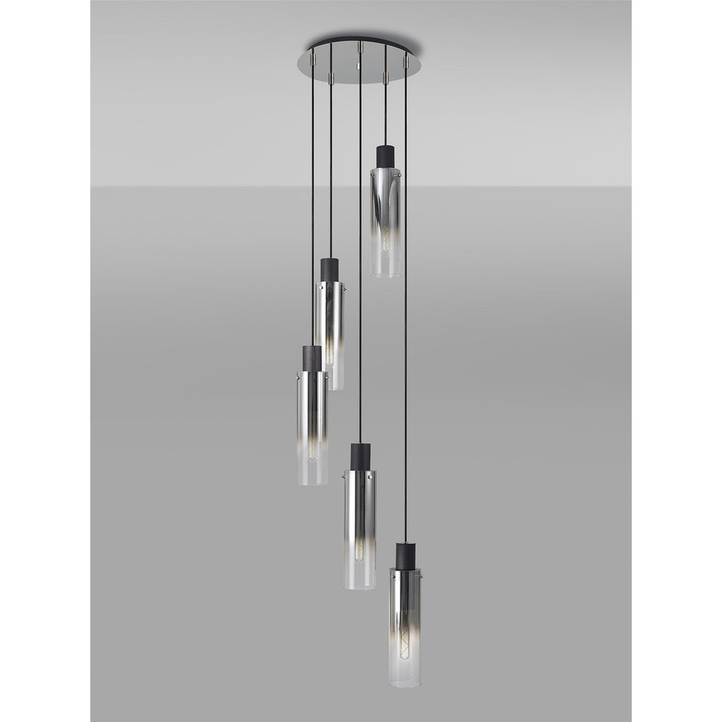 NL84909 Blade Slim Round Pendant 5 Light Adjustable Black/Smoke Fade Glass
