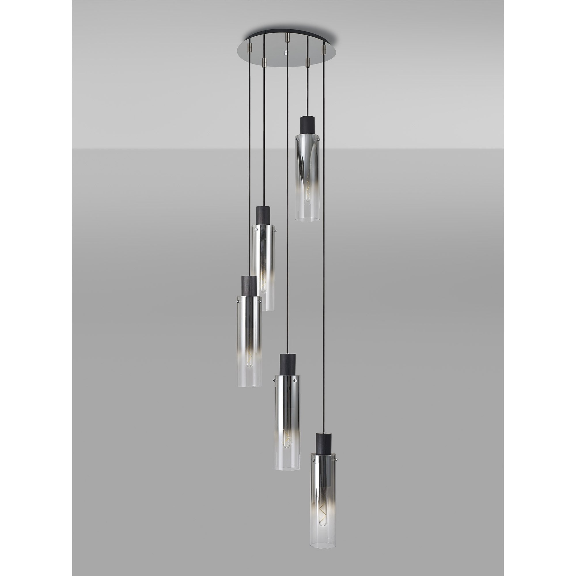 NL84909 Blade Slim Round Pendant 5 Light Adjustable Black/Smoke Fade Glass