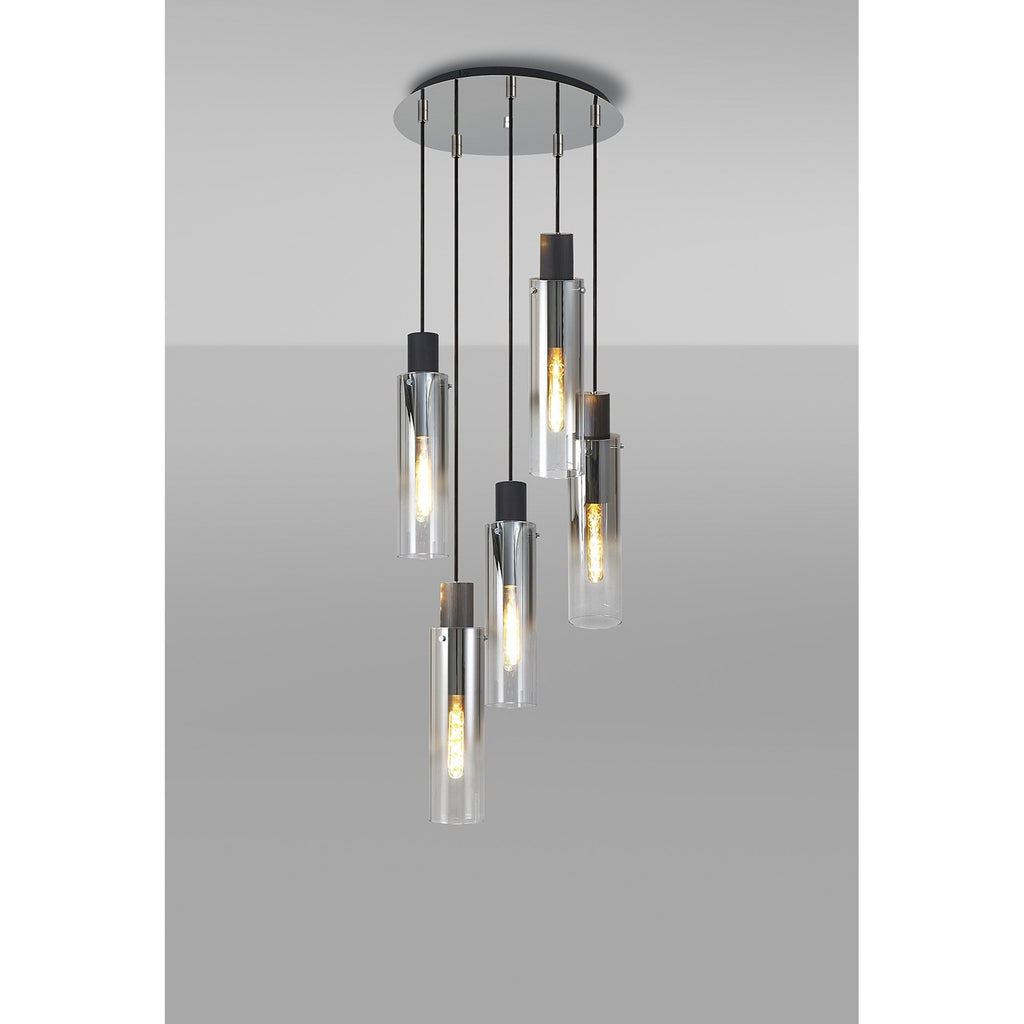 NL84909 Blade Slim Round Pendant 5 Light Adjustable Black/Smoke Fade Glass