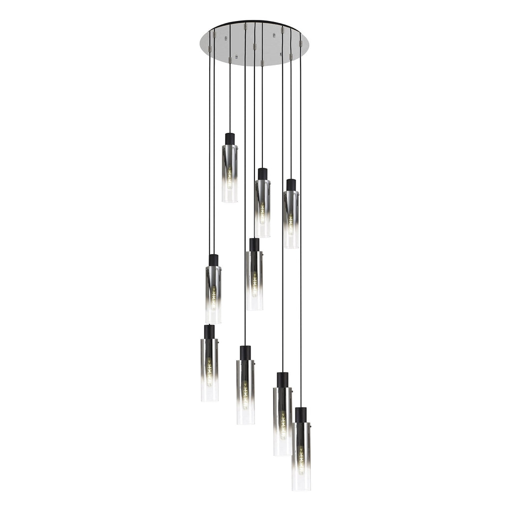 NL84919 Tokyo Slim Round Pendant 9 Light Adjustable Black/Smoke Fade Glass