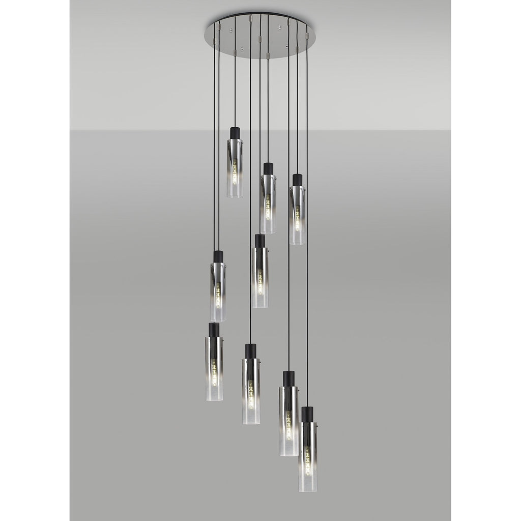 NL84919 Tokyo Slim Round Pendant 9 Light Adjustable Black/Smoke Fade Glass