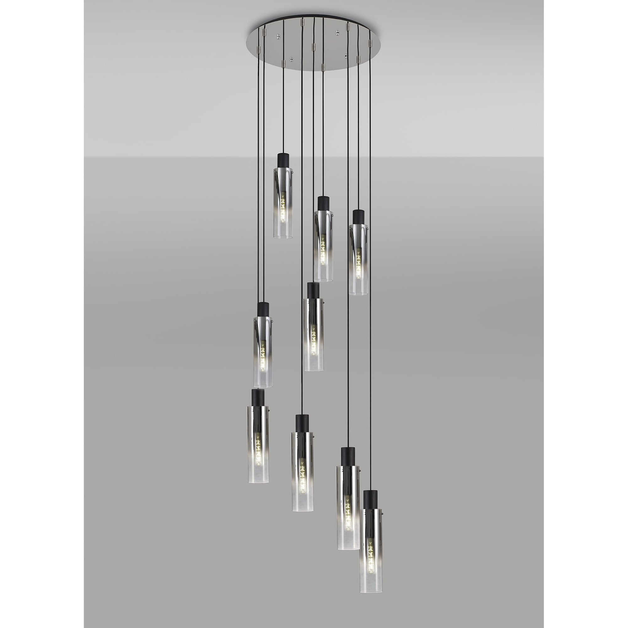 NL84919 Tokyo Slim Round Pendant 9 Light Adjustable Black/Smoke Fade Glass