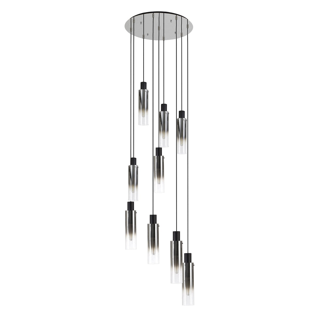 NL84919 Tokyo Slim Round Pendant 9 Light Adjustable Black/Smoke Fade Glass