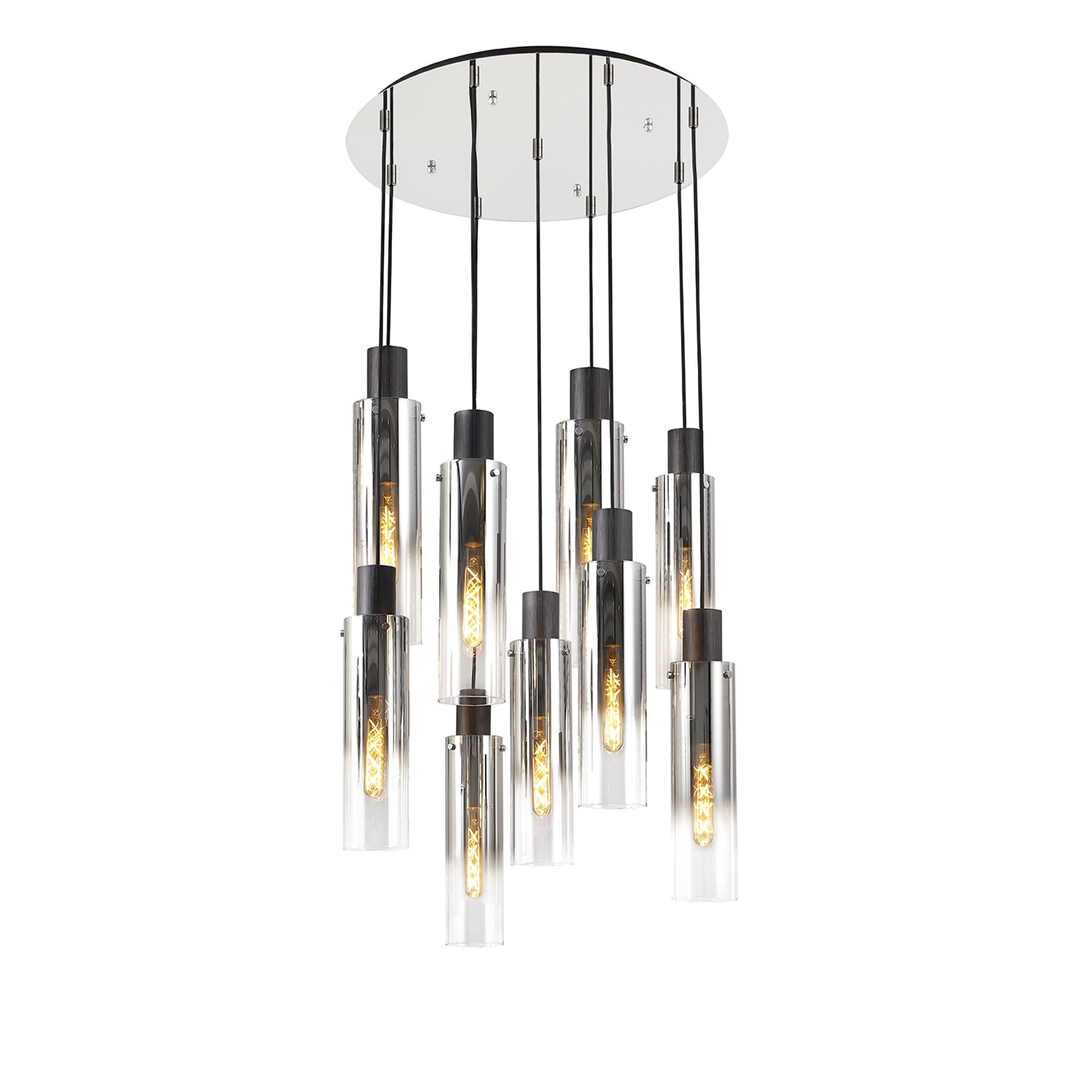 NL84919 Tokyo Slim Round Pendant 9 Light Adjustable Black/Smoke Fade Glass