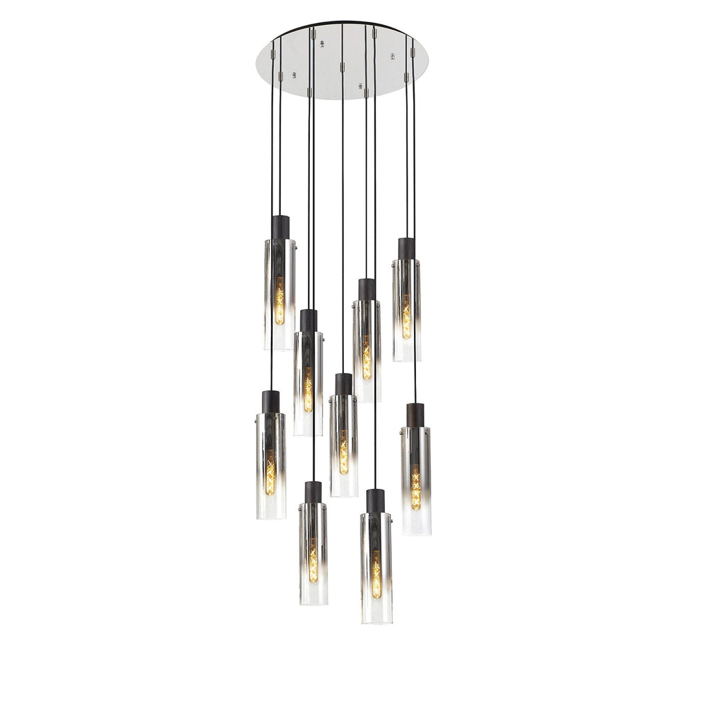 NL84919 Tokyo Slim Round Pendant 9 Light Adjustable Black/Smoke Fade Glass