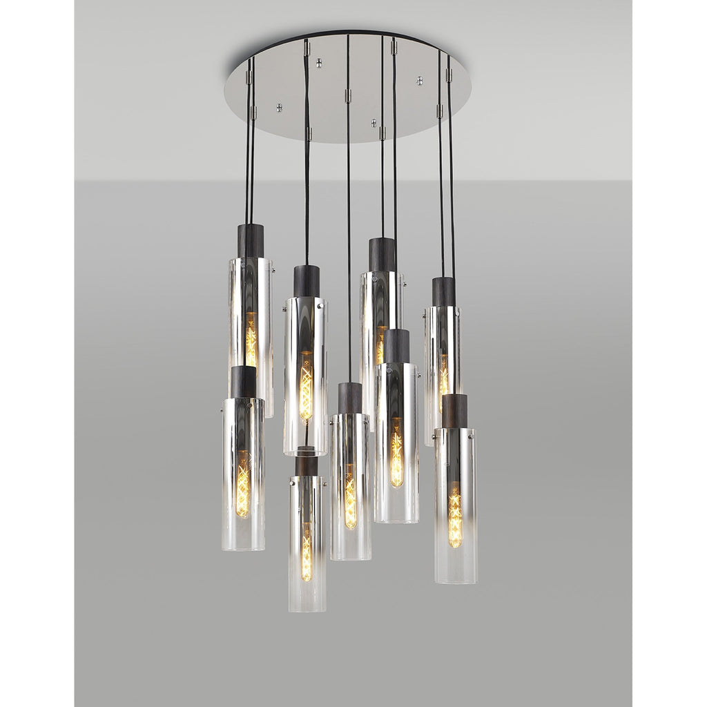 NL84919 Tokyo Slim Round Pendant 9 Light Adjustable Black/Smoke Fade Glass