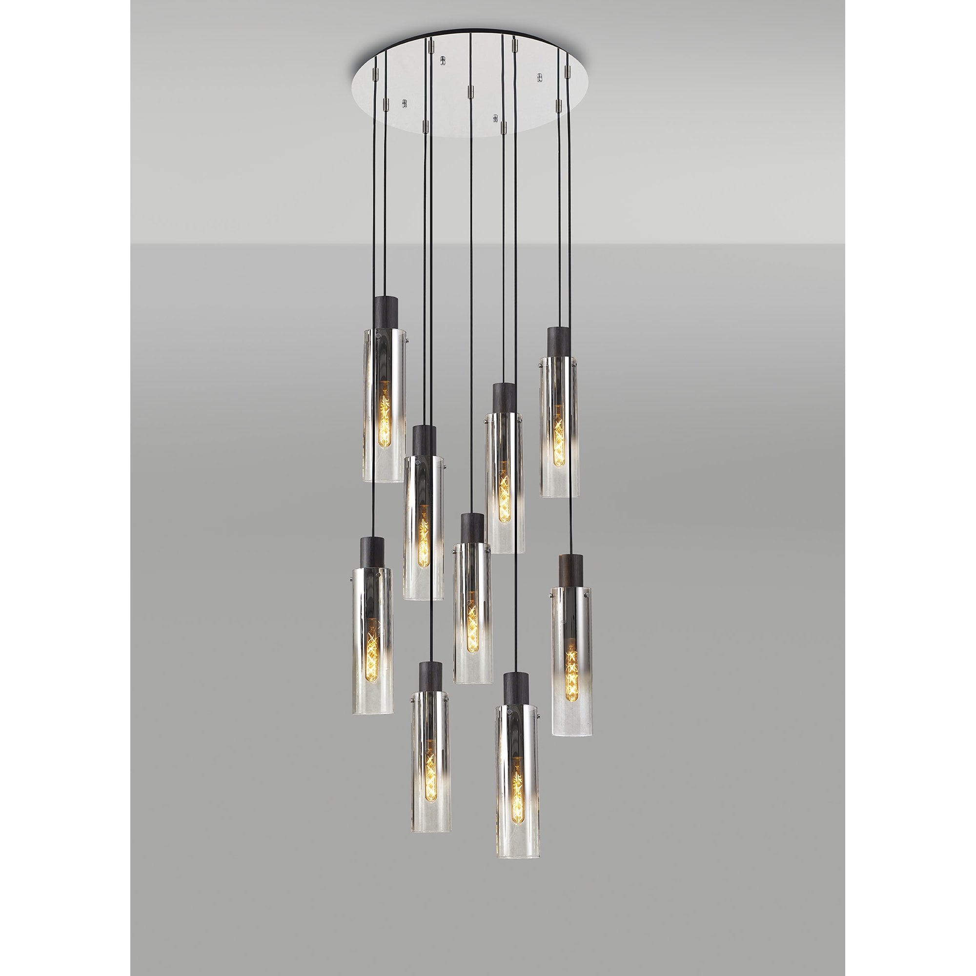 NL84919 Tokyo Slim Round Pendant 9 Light Adjustable Black/Smoke Fade Glass