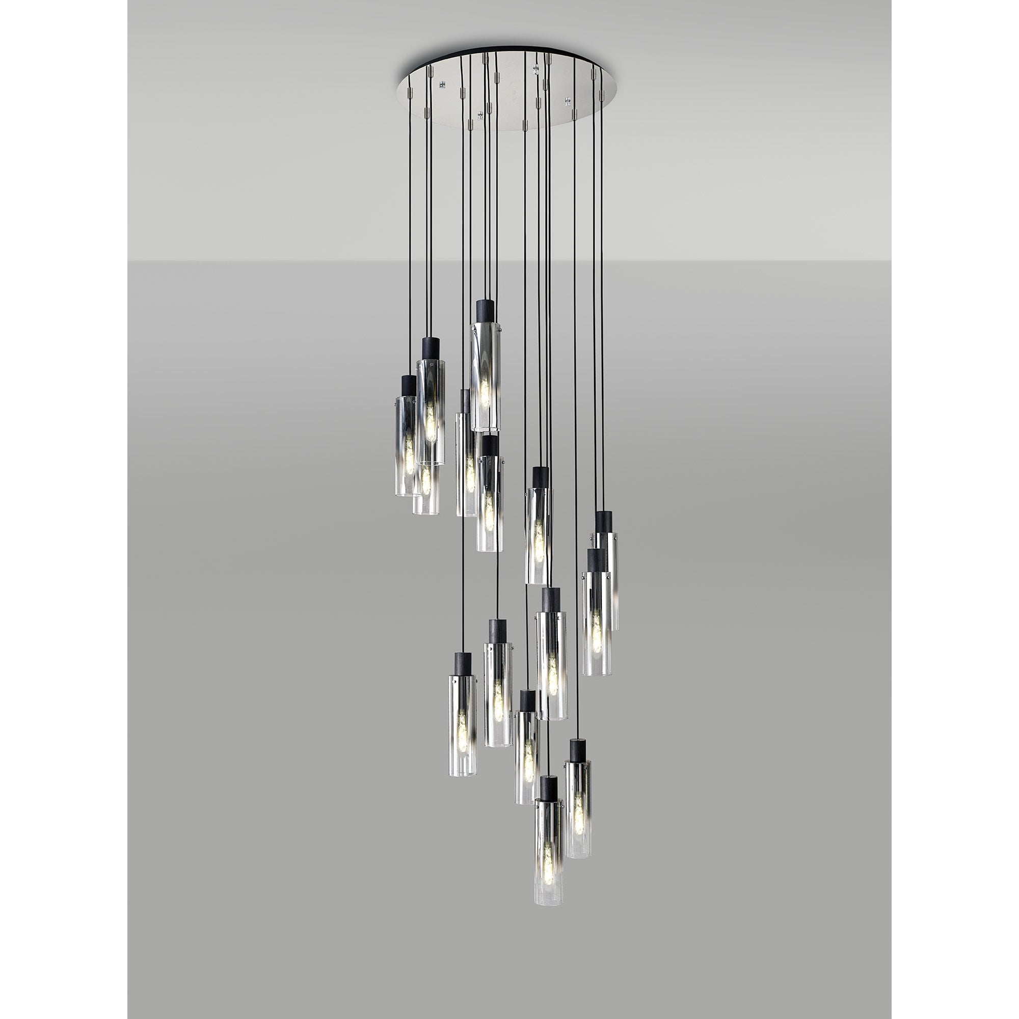 NL84929 Tokyo Slim Round Pendant 15 Light Adjustable Black/Smoke Fade Glass