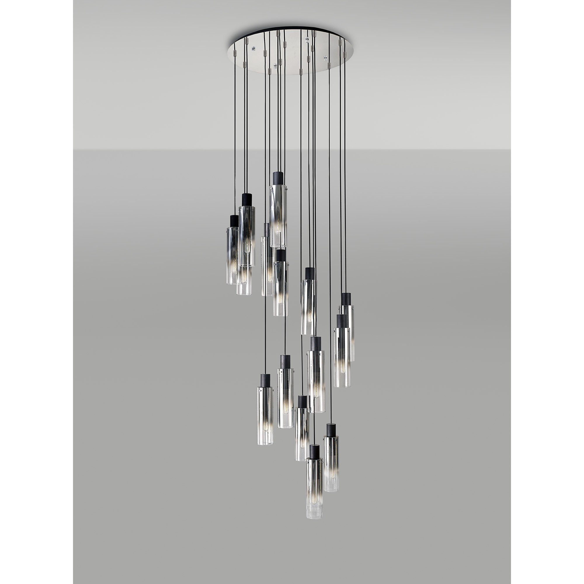 NL84929 Tokyo Slim Round Pendant 15 Light Adjustable Black/Smoke Fade Glass
