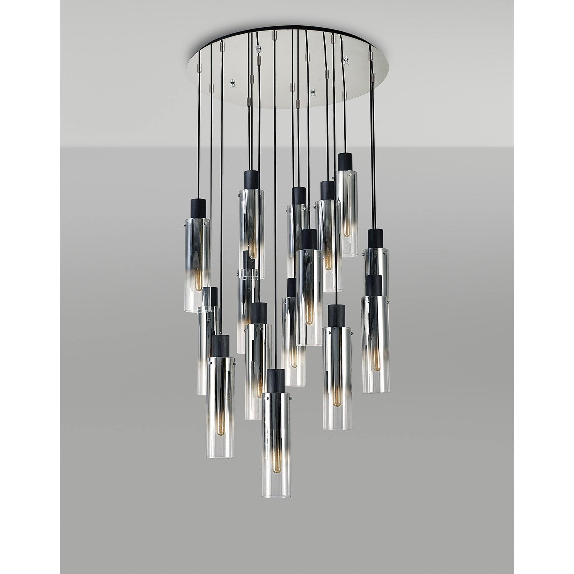 NL84929 Tokyo Slim Round Pendant 15 Light Adjustable Black/Smoke Fade Glass