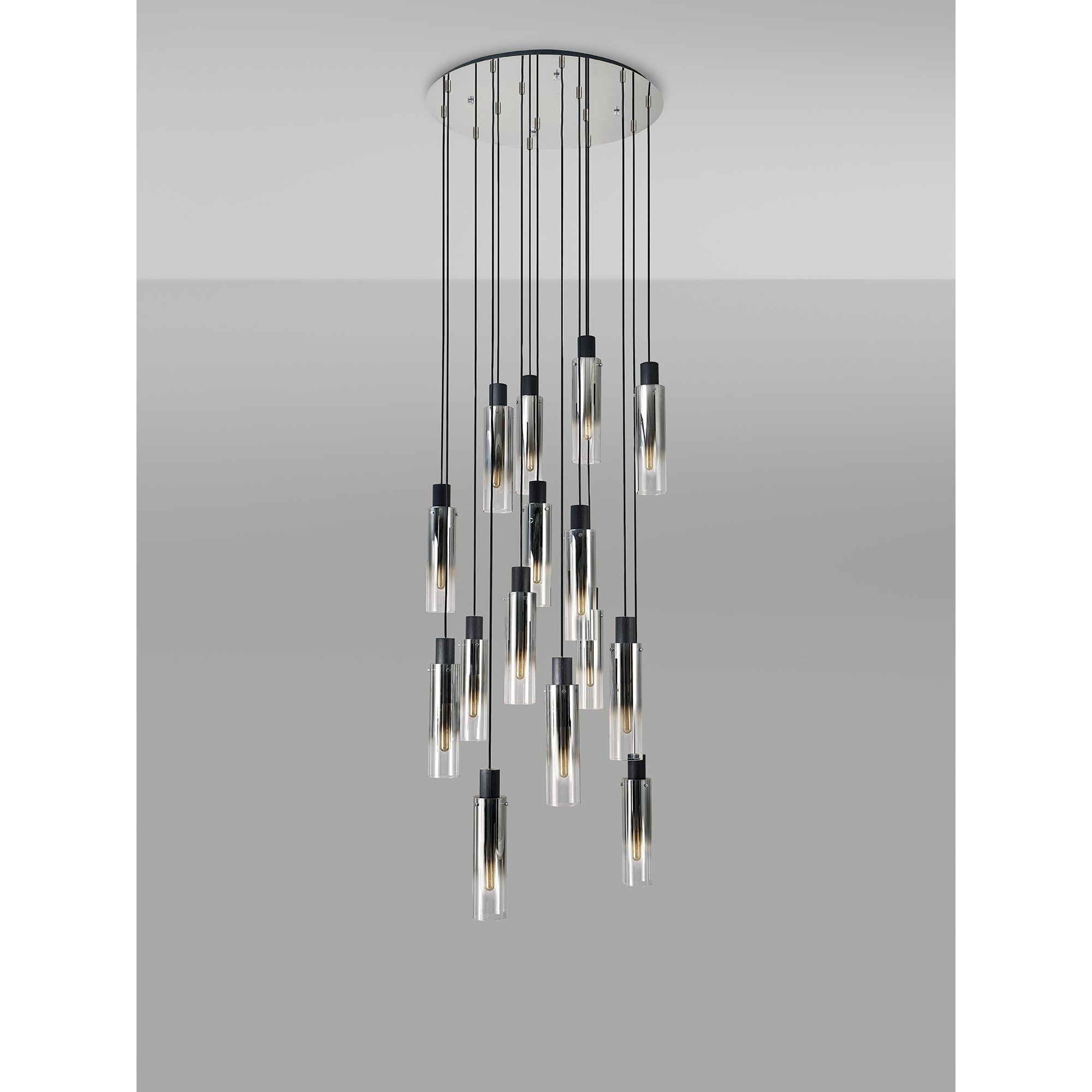NL84929 Tokyo Slim Round Pendant 15 Light Adjustable Black/Smoke Fade Glass