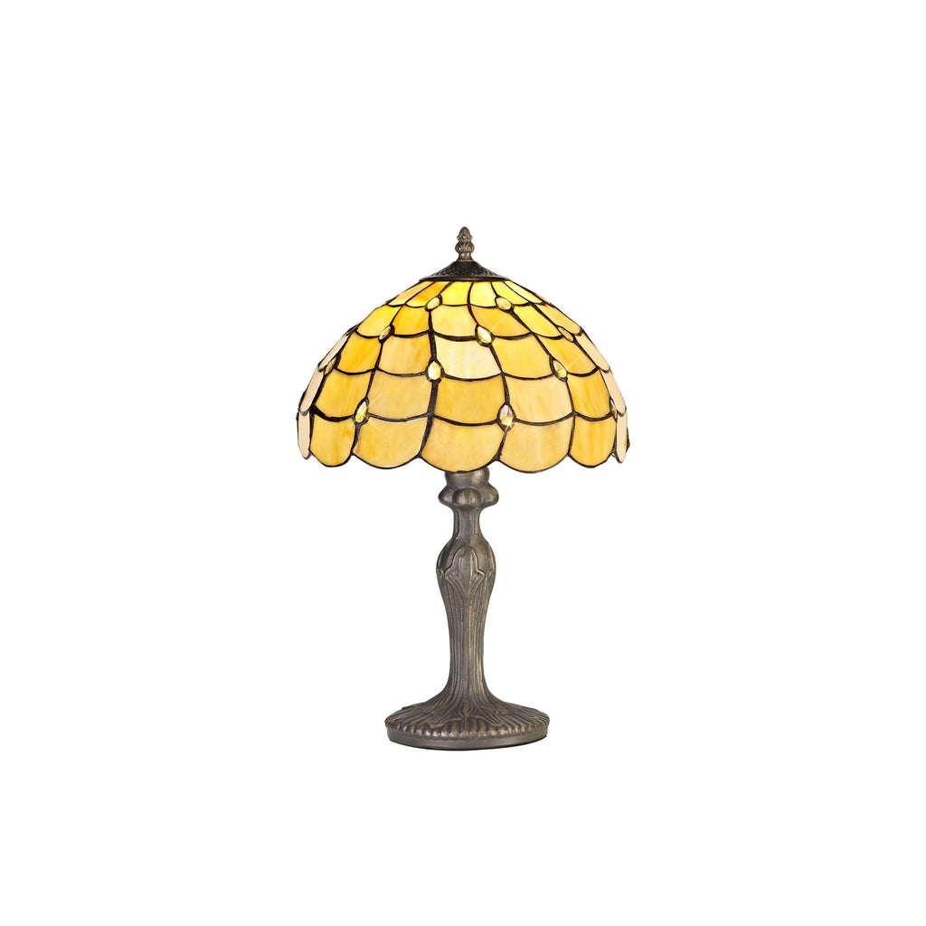 NLK00359 Chrisy 1 Light Curved Table Lamp With 30cm Tiffany Shade Beige/Clear Crystal/Aged Antique Brass