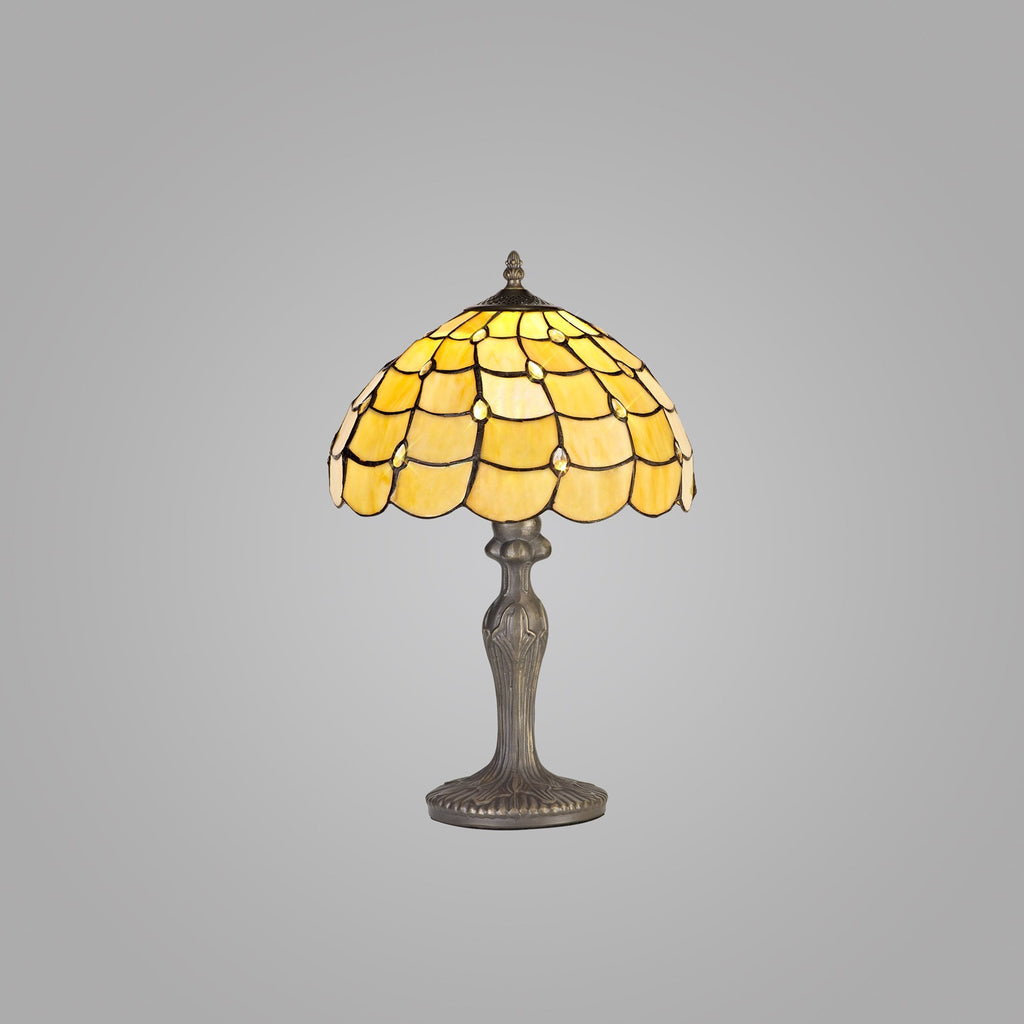 NLK00359 Chrisy 1 Light Curved Table Lamp With 30cm Tiffany Shade Beige/Clear Crystal/Aged Antique Brass